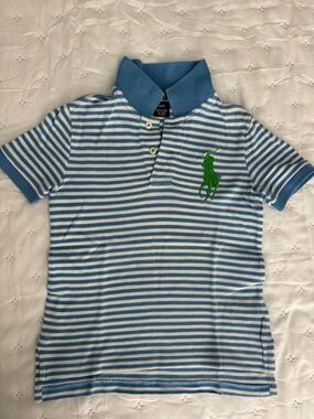 Ralph Lauren Kids Blue & White Striped Polo Shirt with Large Green Pony